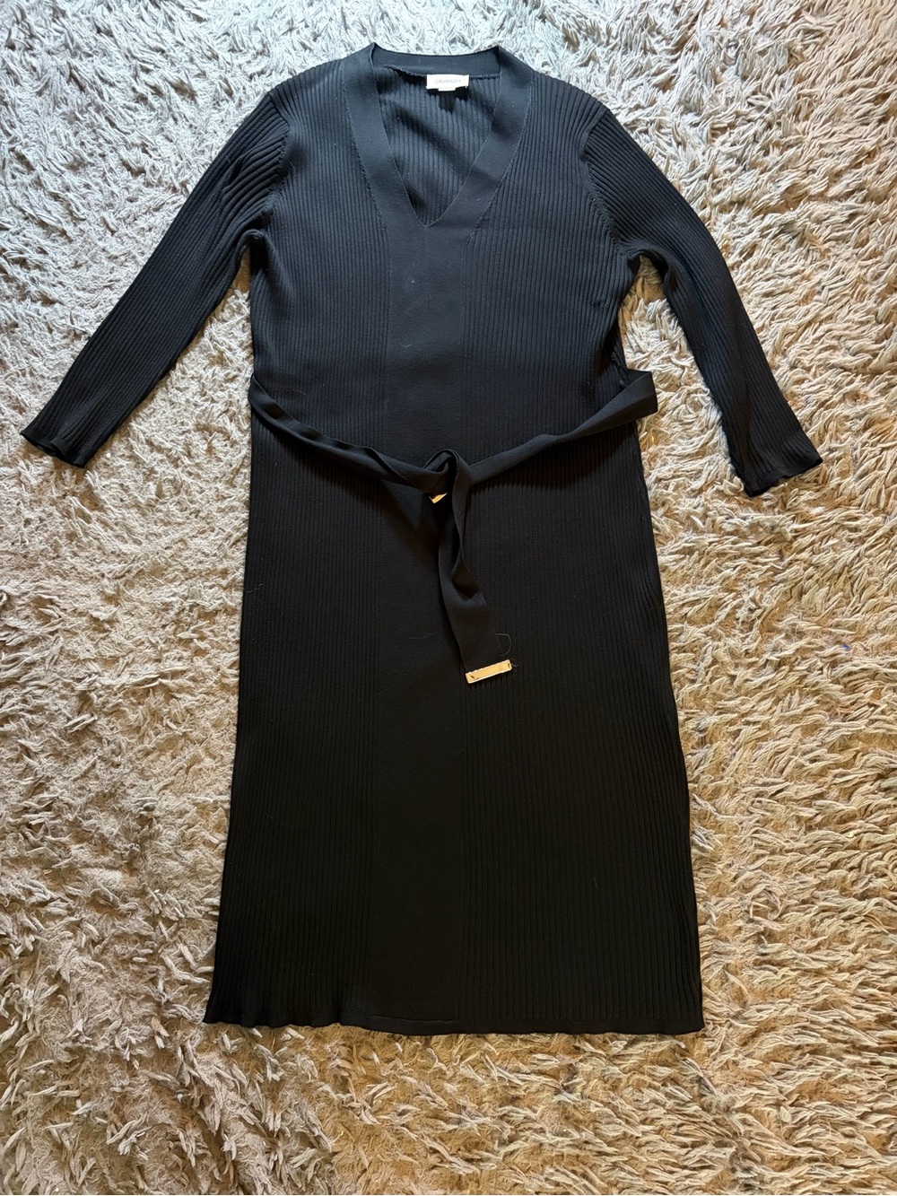 Calvin Klein black ribbed basic quiet luxury v-neck belted sweater dress sz L
